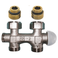 HERZ-3000 connection part with integrated thermostatic valve, straight model for two-pipe operation, pre-settable